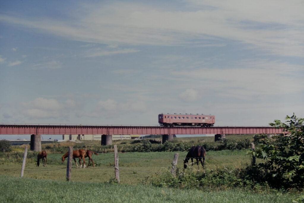 1989年日高本線沙流川を渡るキハ２２と馬