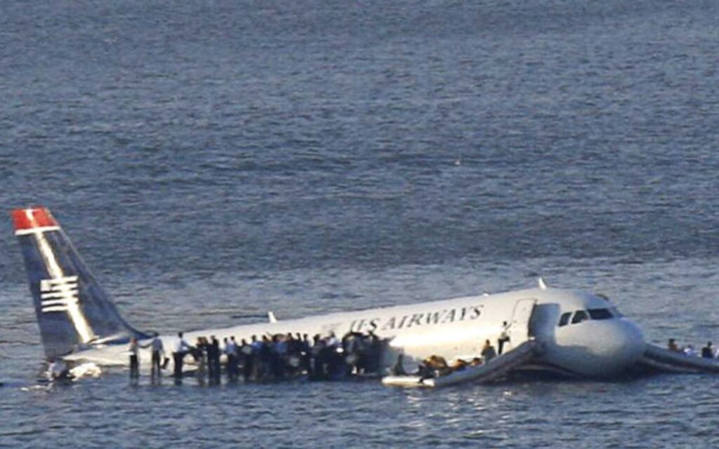 ハドソン川に不時着したUSエアウェイズエアバスA320と翼の上に避難する乗客